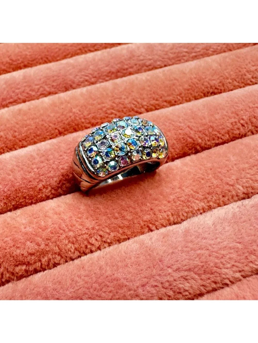 Aurora Borealis Dome Ring With Iridescent Crystals Size 7 Silver-Tone Band - Picture 5 of 12
